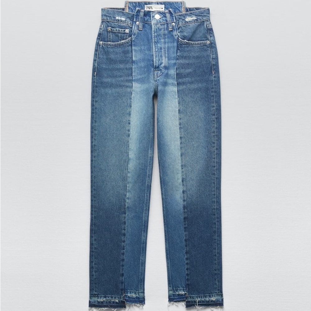 Zara Contrast Cropped Fray Straight Leg Jeans